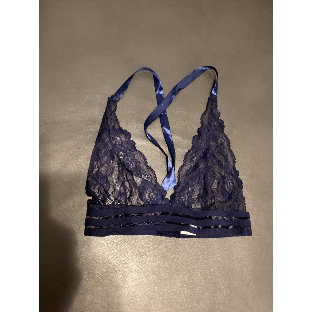 Avidlove Navy Blue Floral Lace Bralette Triangle Satin Straps Medium